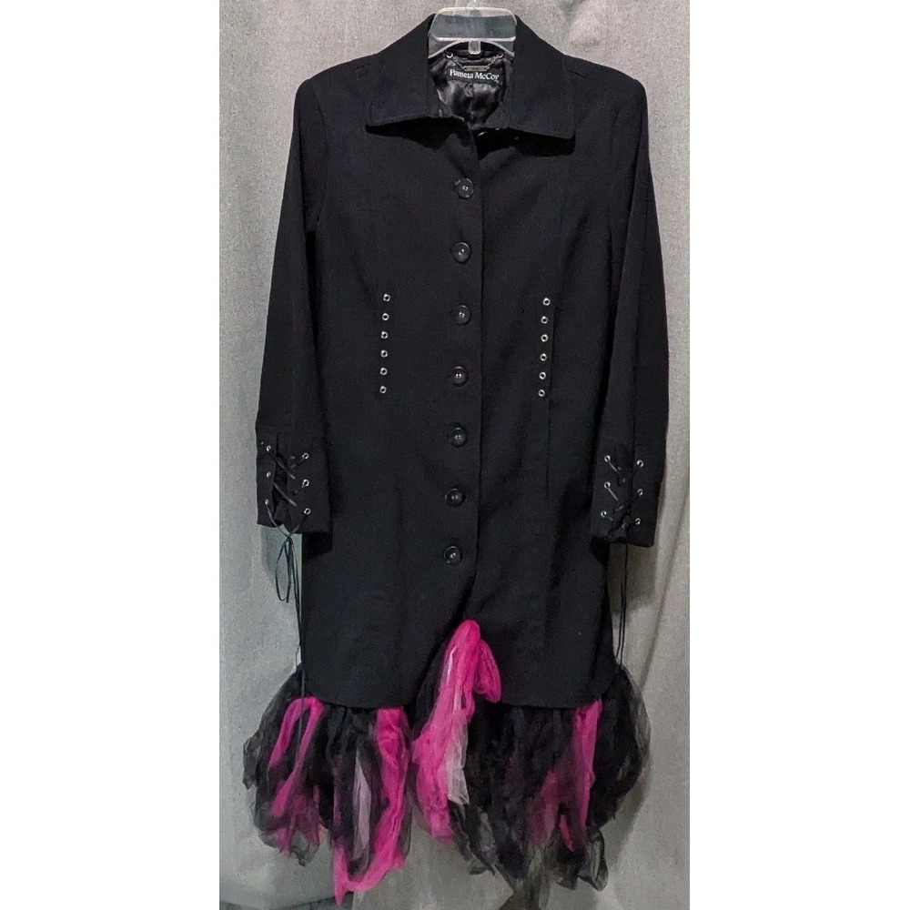 Pamela McCoy Coat Womens M Black Pink Tulle Ruffle Gothic Lace Up Grommet Good